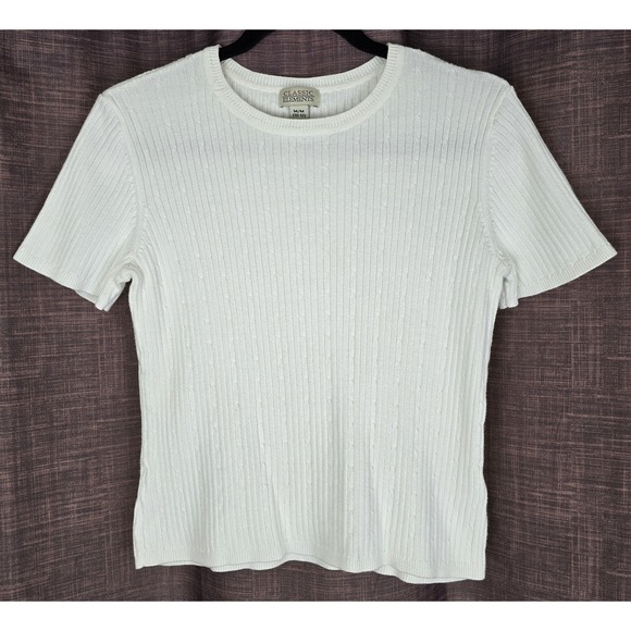 Classic Elements Sweaters - Vtg Y2K Women M Ribbed Knit Top White Short Sleeve Sweater Cable Boho Cottage 90
